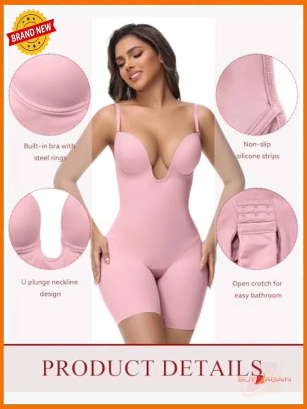 Backless Shapewear Bodysuit Strapless Deep Plunge Tummy Control Built-In Bra